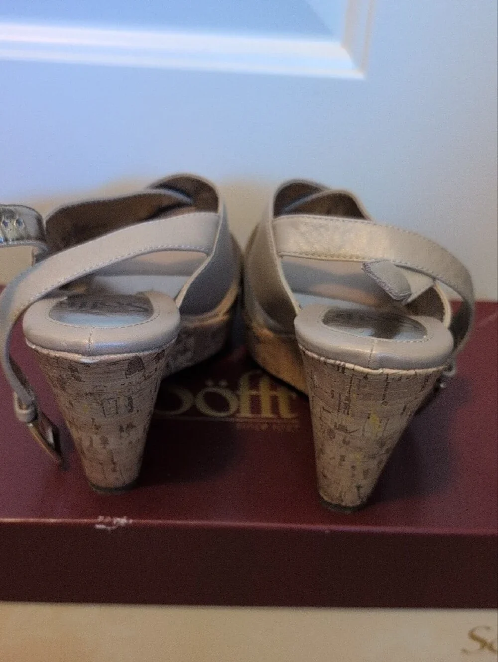 Sofft Taupe Leather Cork Wedge Sandals